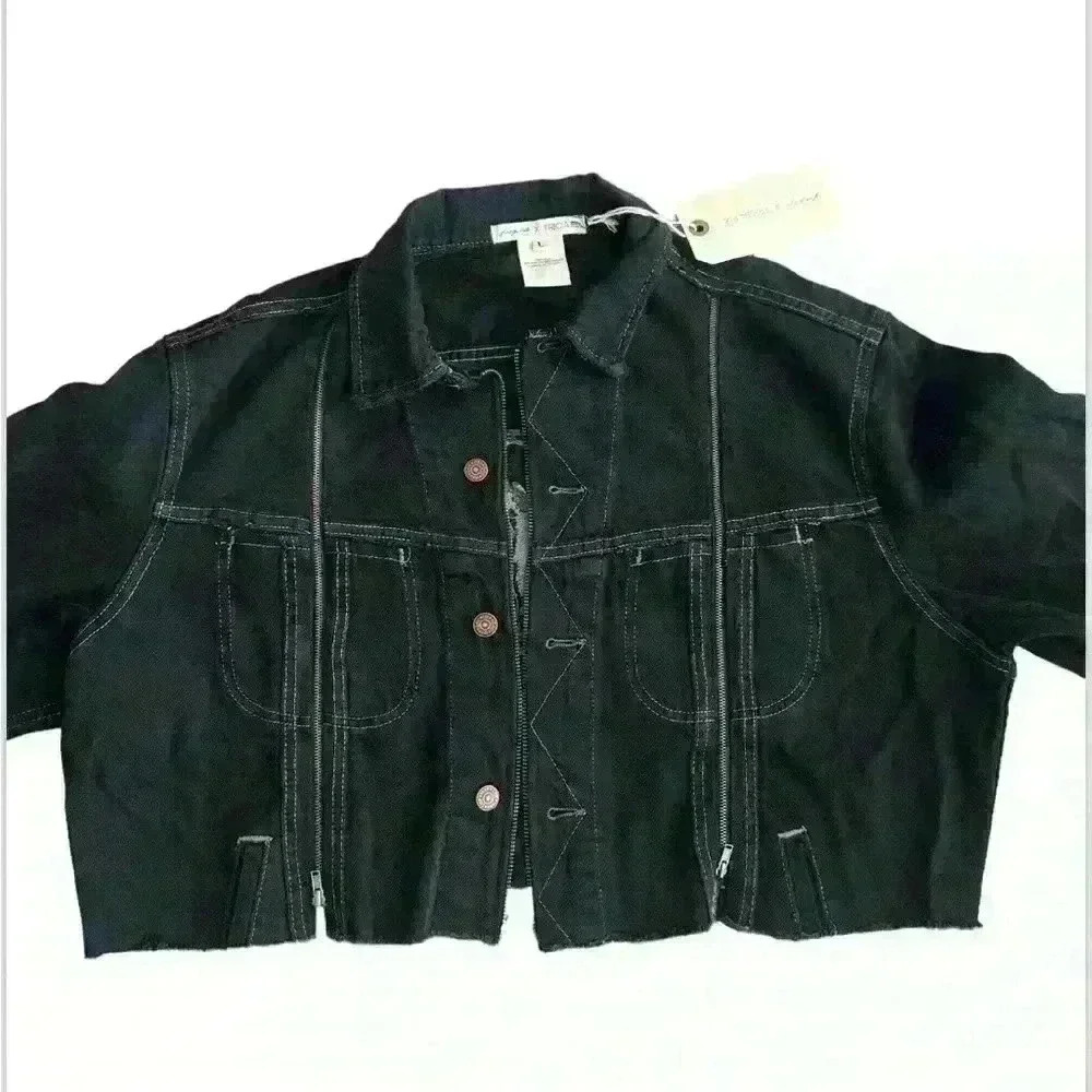 Free people Tricia Fix Western Crop denim jacket size L zipper in wash black nwt - Picture 5 of 12